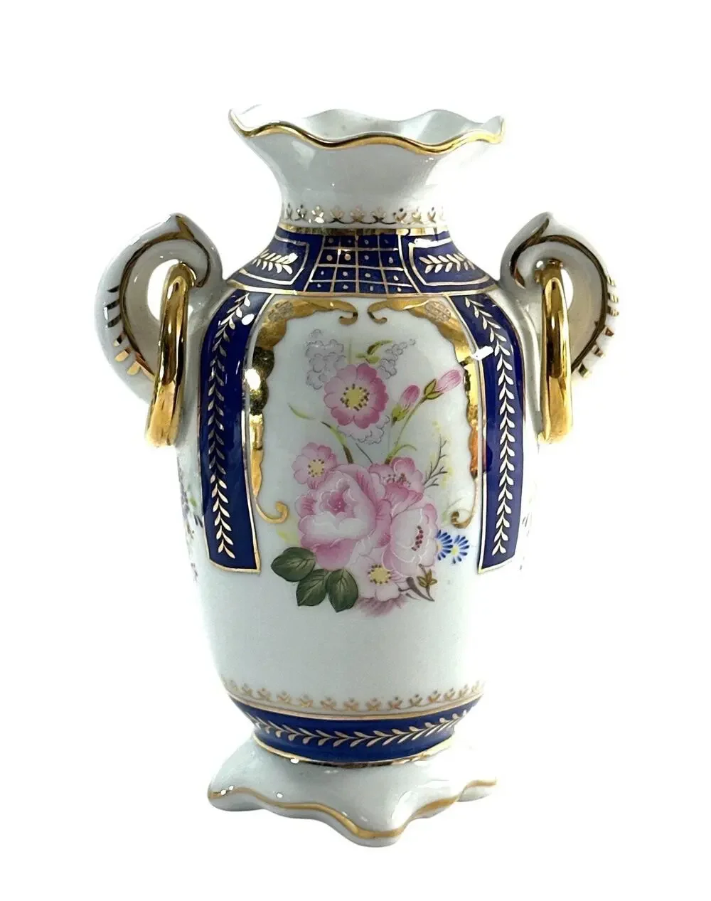 Angela 2003 Porcelain Vase Cobalt Blue Pink Floral Gold Gilt Double Handle 6”